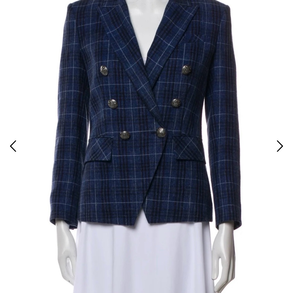 Veronica Beard Navy Blue Plaid Wool Double-Breasted Blazer